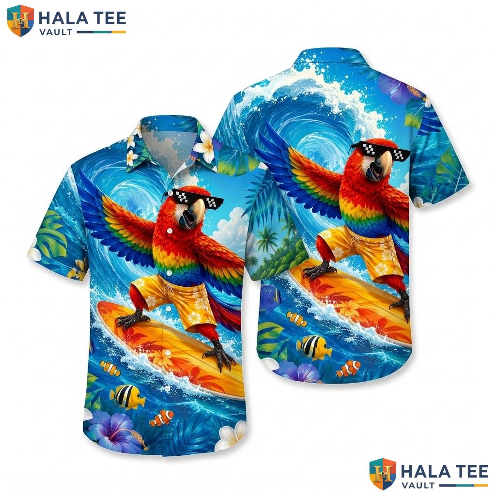 Cool Parrot Surfing Hawaiian Shirt Vibrant Summer Beach Party Design Men