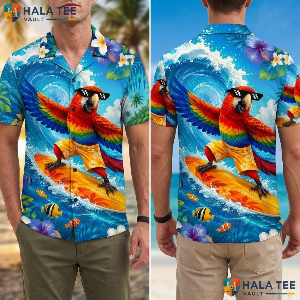 Cool Parrot Surfing Hawaiian Shirt Vibrant Summer Beach Party Design Men Adult