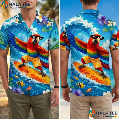 Cool Parrot Surfing Hawaiian Shirt Vibrant Summer Beach Party Design Men Adult