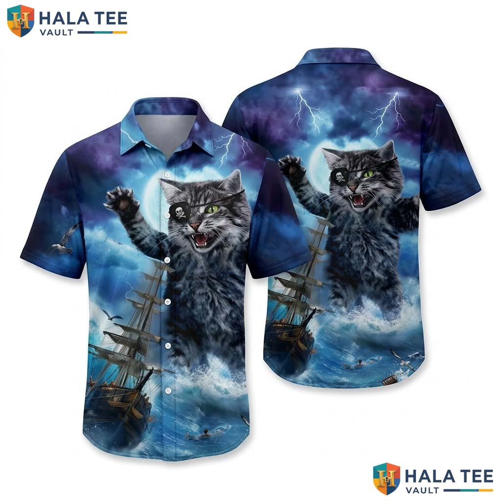 Cool Pirate Cat Hawaiian Shirt Vibrant Graphic Fierce Ocean Scene Button Up