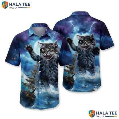 Cool Pirate Cat Hawaiian Shirt Vibrant Graphic Fierce Ocean Scene Button Up