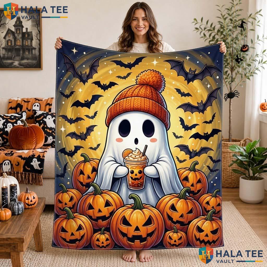 Cool Pumpkin Halloween Blanket Custom Name Kids Cozy Ghost Throw Decor