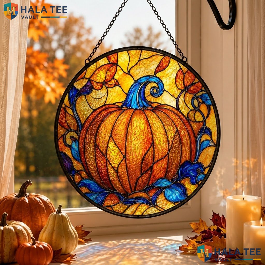 Cool Pumpkin Halloween Stained Glass Suncatcher Gothic Blue Flame Window Art