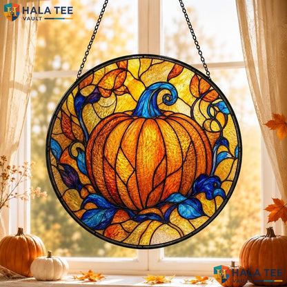 Cool Pumpkin Halloween Stained Glass Suncatcher Gothic Blue Flame Window Art Adult