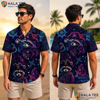 Cool Raccoon Pirate Hawaiian Shirt Tropical Surf Pattern Beach Button Down Adult