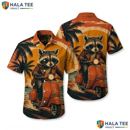 Cool Raccoon Scooter Hawaiian Shirt Vibrant Graphic Print Summer Vacation