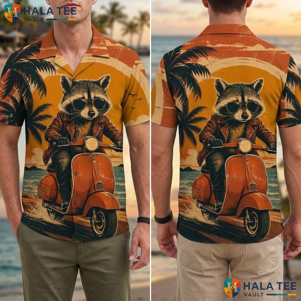 Cool Raccoon Scooter Hawaiian Shirt Vibrant Graphic Print Summer Vacation Adult