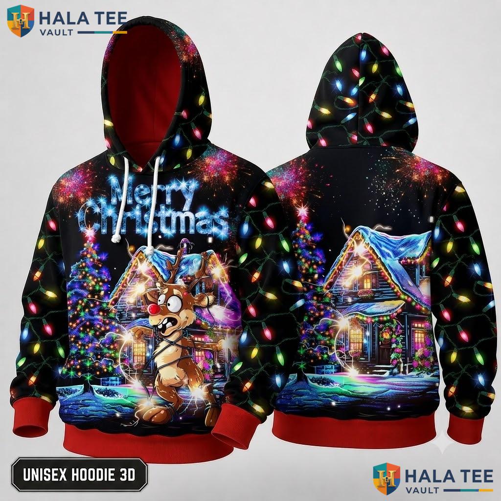 Cool Reindeer Merry Christmas 3D Hoodie Funny Festive Pullover Top