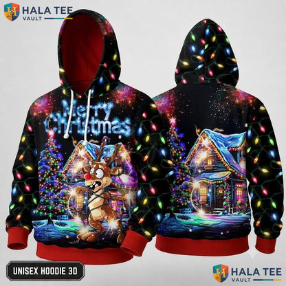Cool Reindeer Merry Christmas 3D Hoodie Funny Festive Pullover Top
