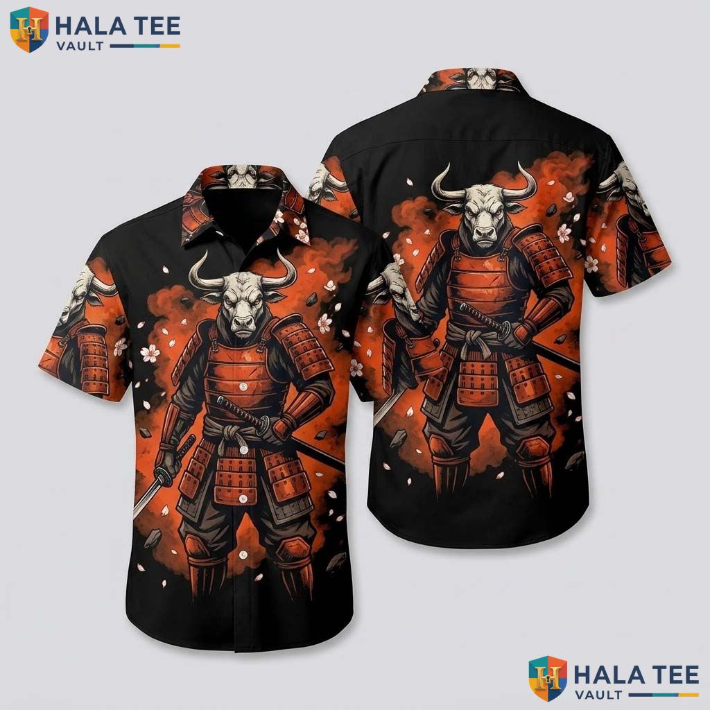 Cool Samurai Bull Hawaiian Shirt Mens Novelty Print Casual Summer Apparel