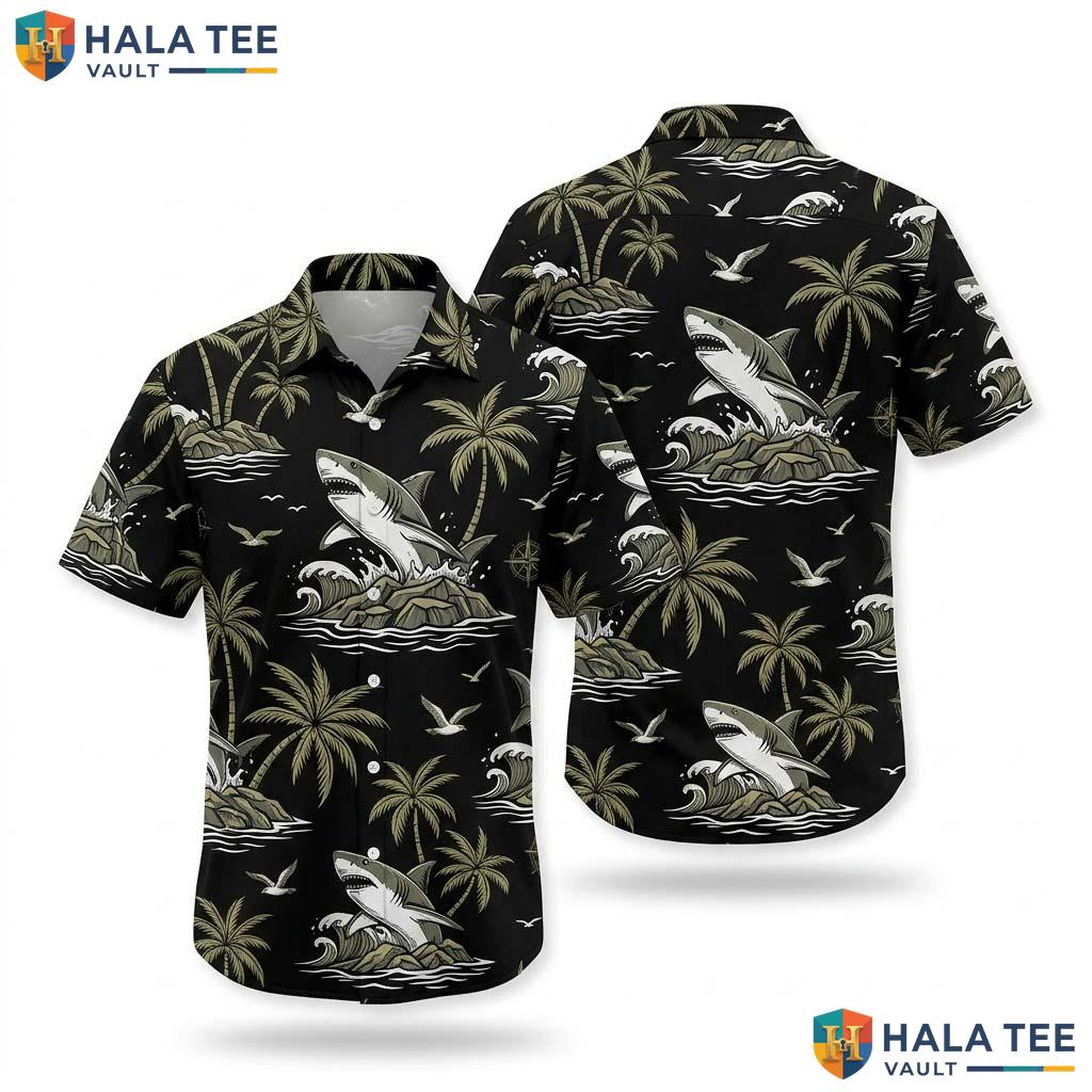 Cool Shark Palm Hawaiian Shirt Black Shark Graphic Palm Tree Wave Button Up
