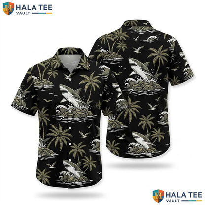 Cool Shark Palm Hawaiian Shirt Black Shark Graphic Palm Tree Wave Button Up