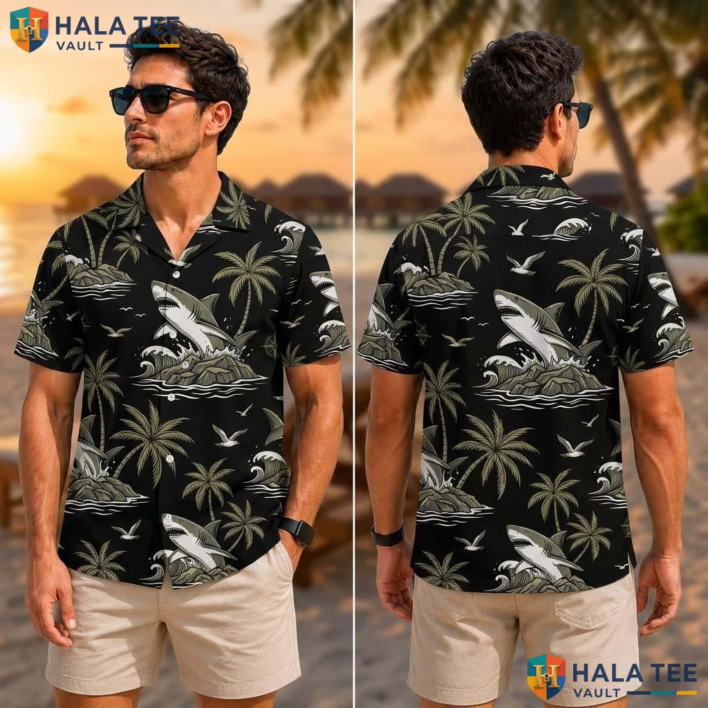 Cool Shark Palm Tropical Shirt Black Shark Graphic Palm Tree Wave Button Up