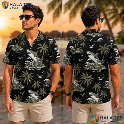 Cool Shark Palm Tropical Shirt Black Shark Graphic Palm Tree Wave Button Up