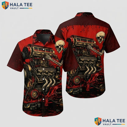 Cool Skeleton Mechanic Aloha Shirt Bold Graphic Short Sleeve Vacation Men