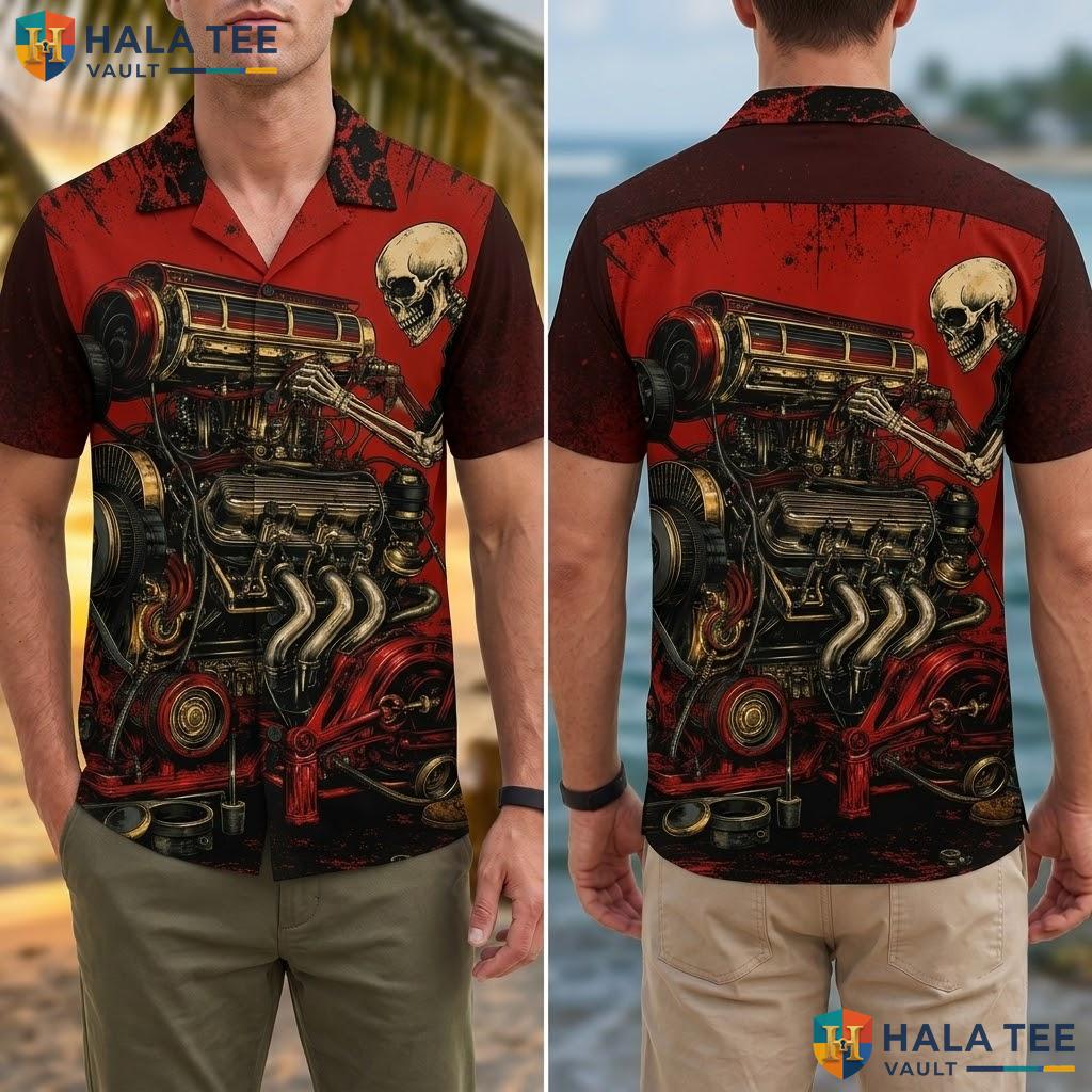 Cool Skeleton Mechanic Aloha Shirt Bold Graphic Short Sleeve Vacation Men Adult