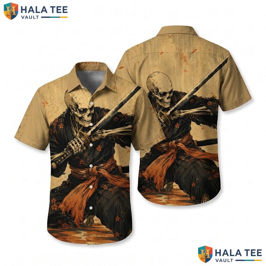 Cool Skeleton Warrior Hawaiian Shirt Bold Graphic Print Casual Summer Top