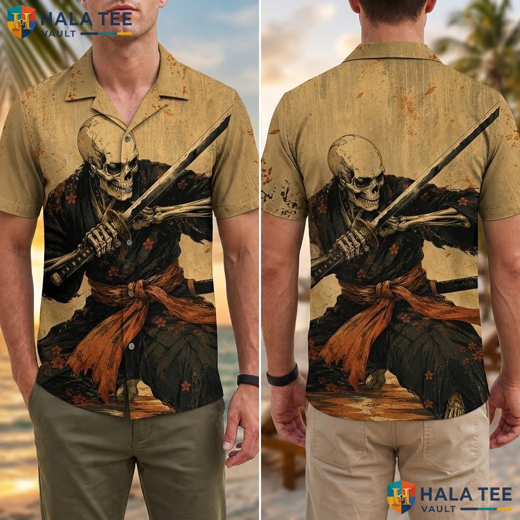 Cool Skeleton Warrior Hawaiian Shirt Bold Graphic Print Casual Summer Top Adult