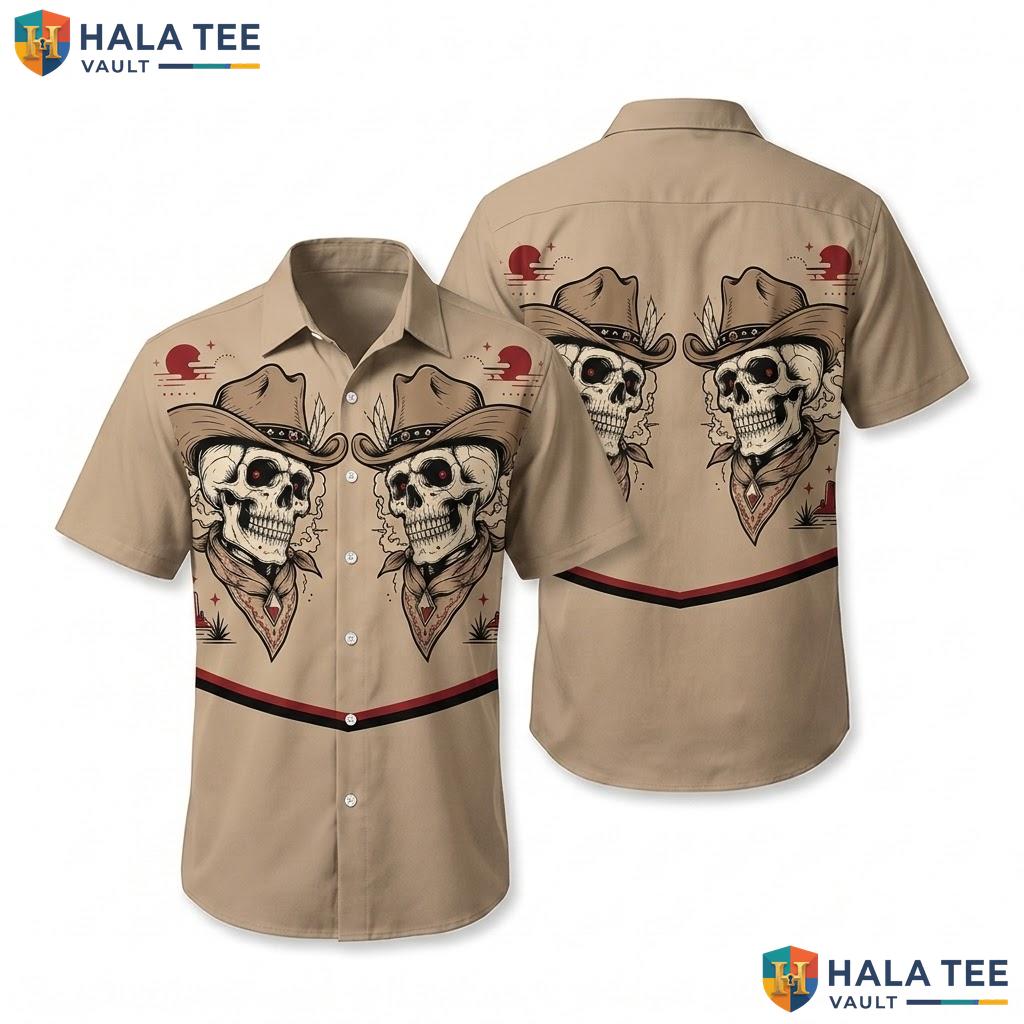 Cool Skull Cowboy Hawaiian Shirt Vintage Brown Casual Summer Button Down