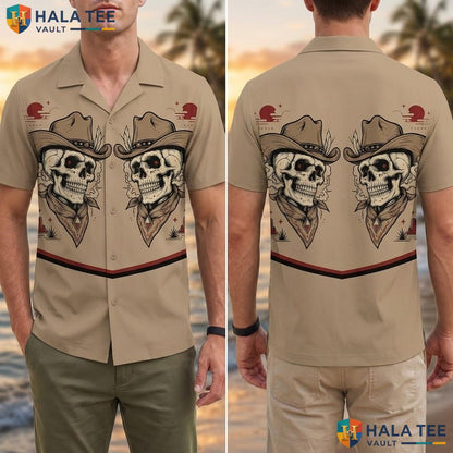 Cool Skull Cowboy Hawaiian Shirt Vintage Brown Casual Summer Button Down Adult