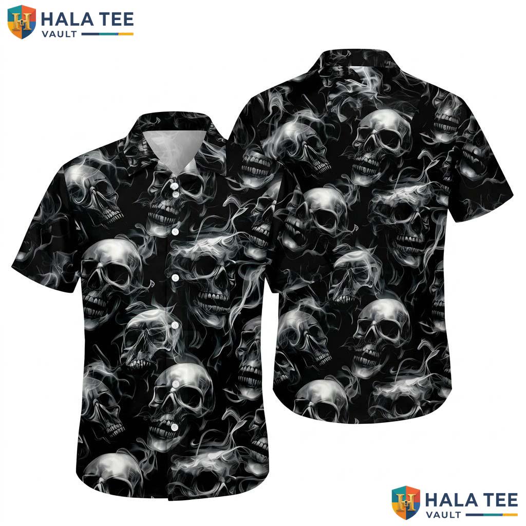 Cool Skull Graphic Hawaiian Shirt Smoke Design For Goth Punk Style Apparel