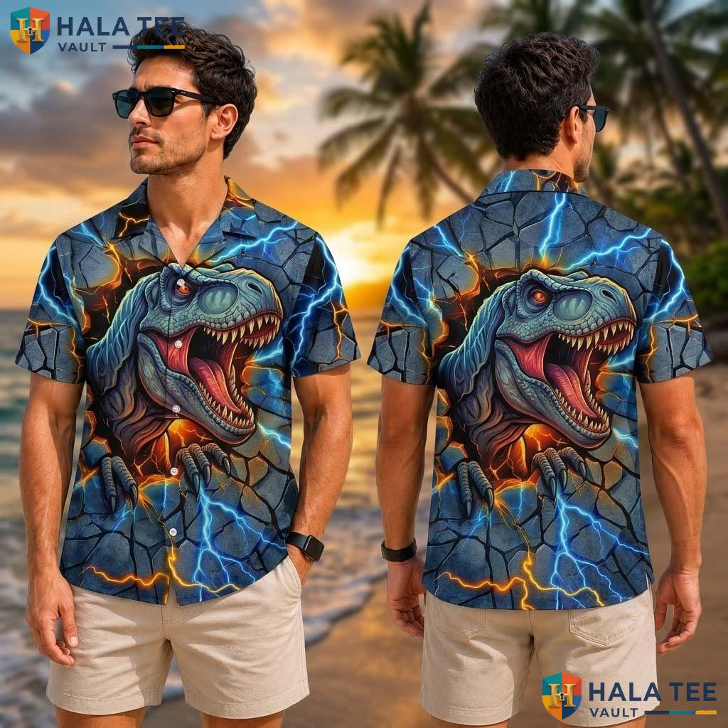 Cool T Rex Graphic Tropical Shirt Vibrant Dinosaur Print For Novelty Fashion