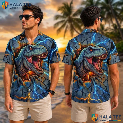 Cool T Rex Graphic Tropical Shirt Vibrant Dinosaur Print For Novelty Fashion