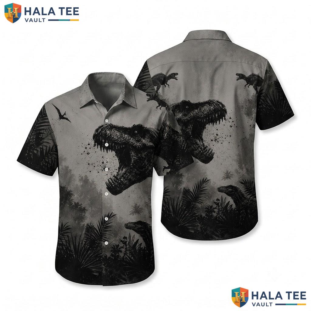 Cool T Rex Hawaiian Shirt Gray Black Dinosaur Head Casual Button Up Top