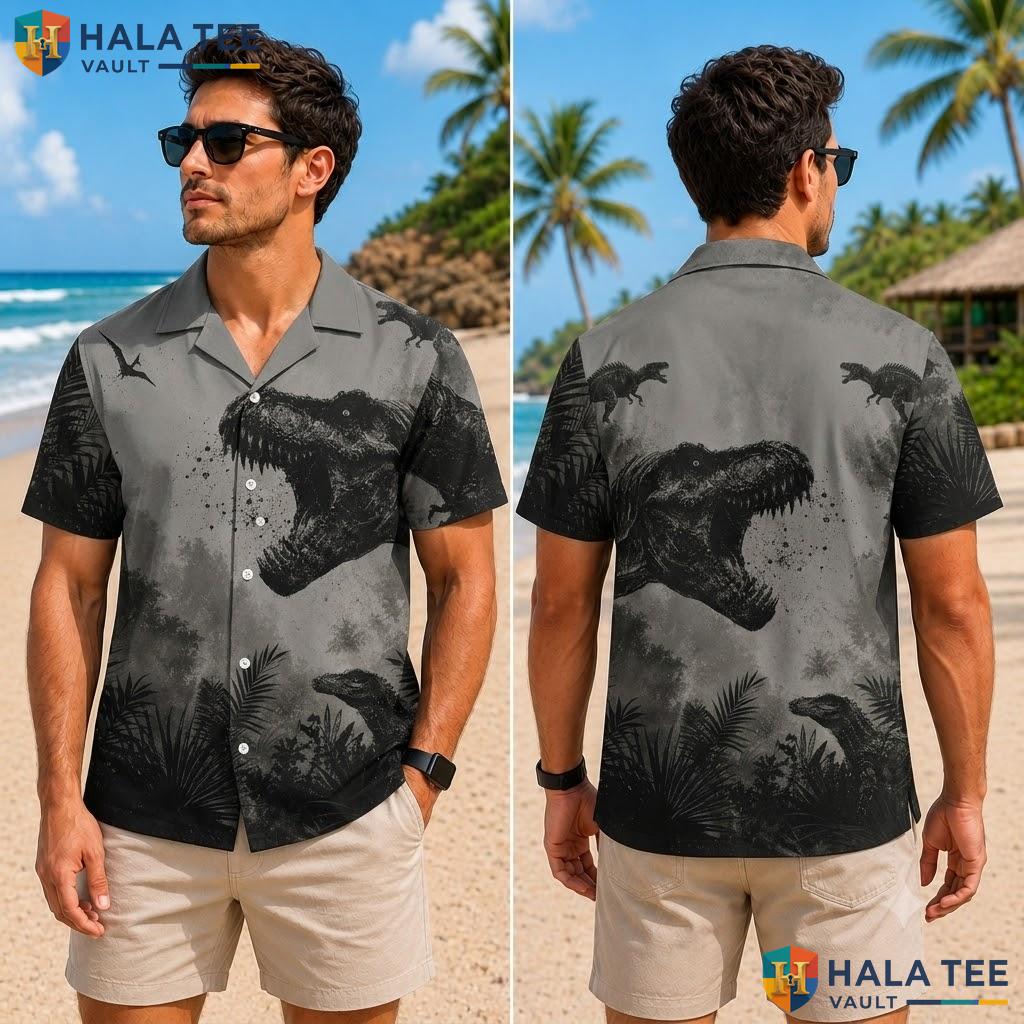 Cool T Rex Hawaiian Shirt Gray Black Dinosaur Head Casual Button Up Top Adult