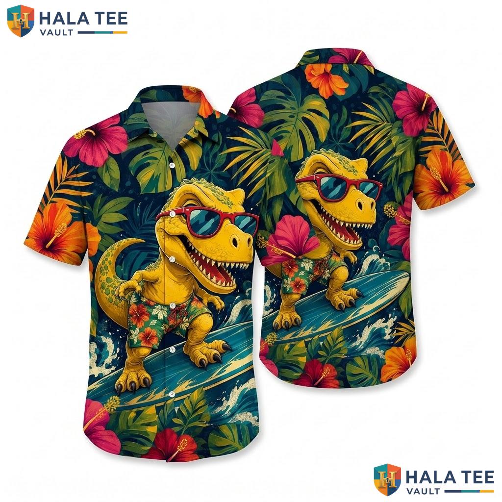 Cool T Rex Surfboard Hawaiian Shirt Vibrant Tropical Graphic Casual Apparel