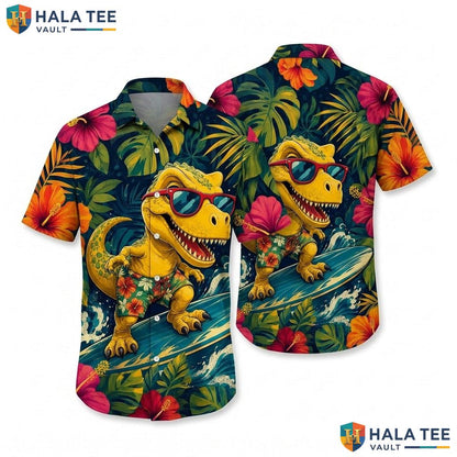 Cool T Rex Surfboard Hawaiian Shirt Vibrant Tropical Graphic Casual Apparel
