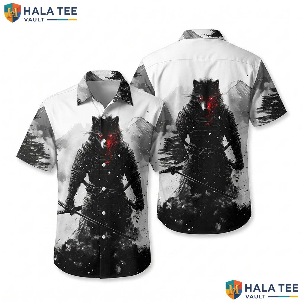 Cool Wolf Graphic Aloha Shirt Bold Warrior Mens Casual Summer Button Down