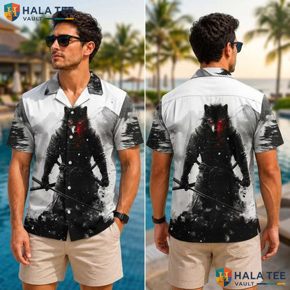 Cool Wolf Graphic Tropical Shirt Bold Warrior Mens Casual Summer Button Down