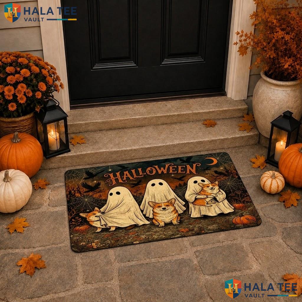Corgi Dog Halloween Doormat Holiday Ghosts Spooky Welcome Floor Rug