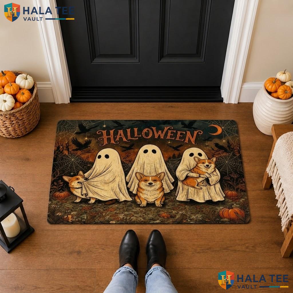 Corgi Dog Halloween Front door mat Holiday Ghosts Spooky Welcome Floor Rug