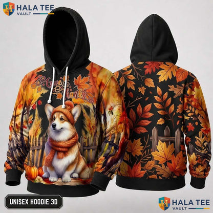 Corgi Pumpkin Leaves Thanksgiving 3D Hoodie Give Thanks Autumn Top