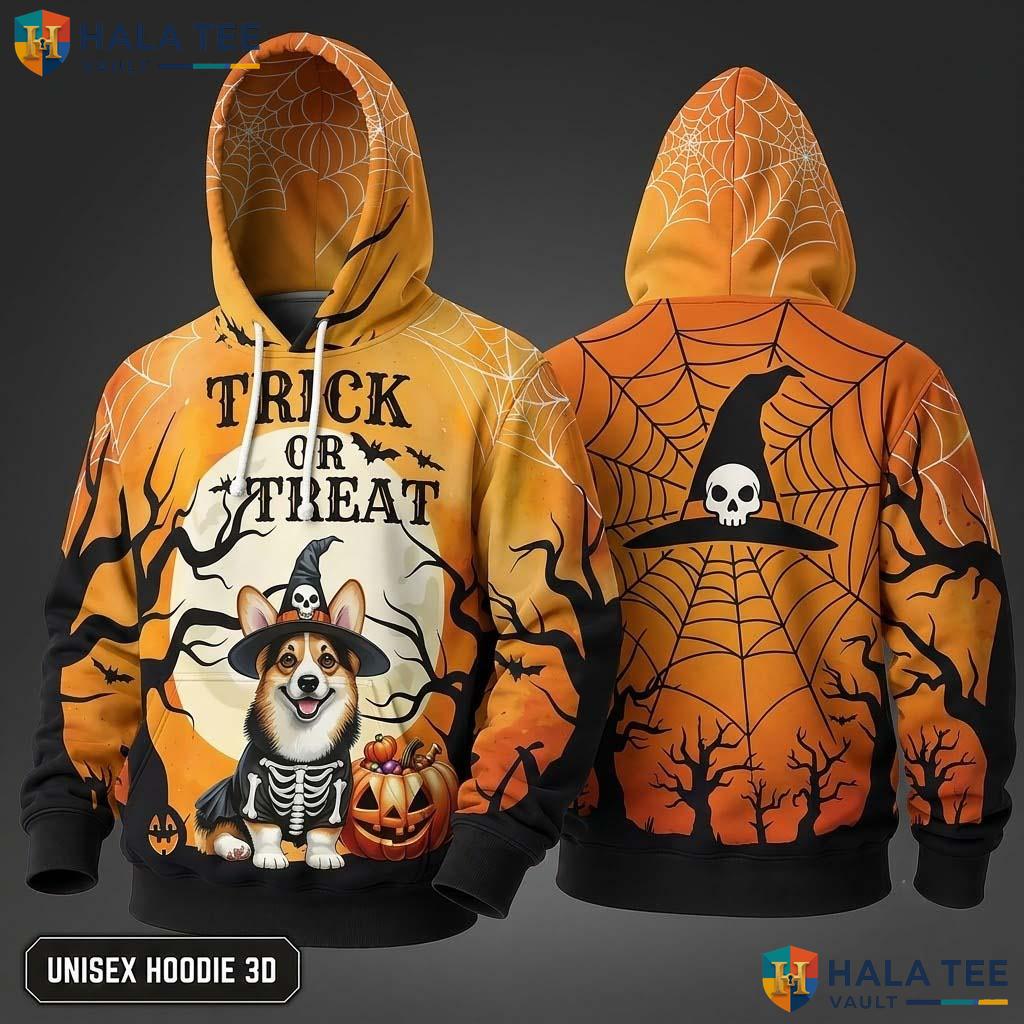 Corgi Skeleton Witch Hat 3D Hoodie Cute Trick Or Treat Halloween Top