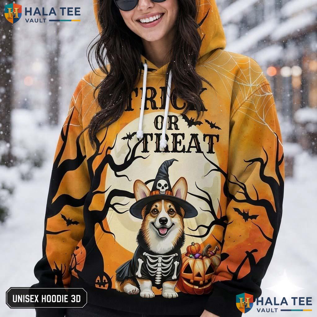 Corgi Skeleton Witch Hat 3D Printed Hoodie Cute Trick Or Treat Halloween Top