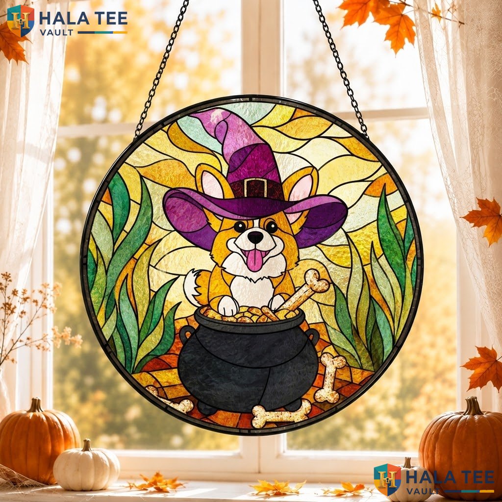 Corgi Witch Halloween Stained Glass Suncatcher Whimsical Dog Pet Lover Gift