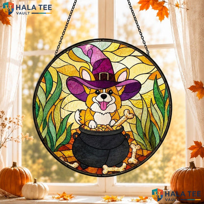 Corgi Witch Halloween Stained Glass Suncatcher Whimsical Dog Pet Lover Gift