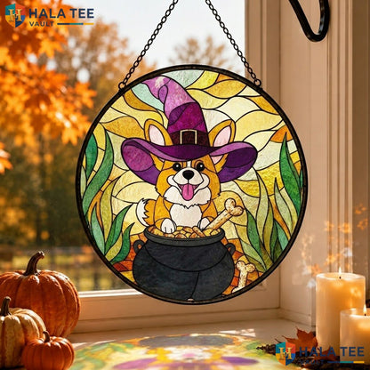Corgi Witch Halloween Stained Glass Suncatcher Whimsical Dog Pet Lover Gift Adult