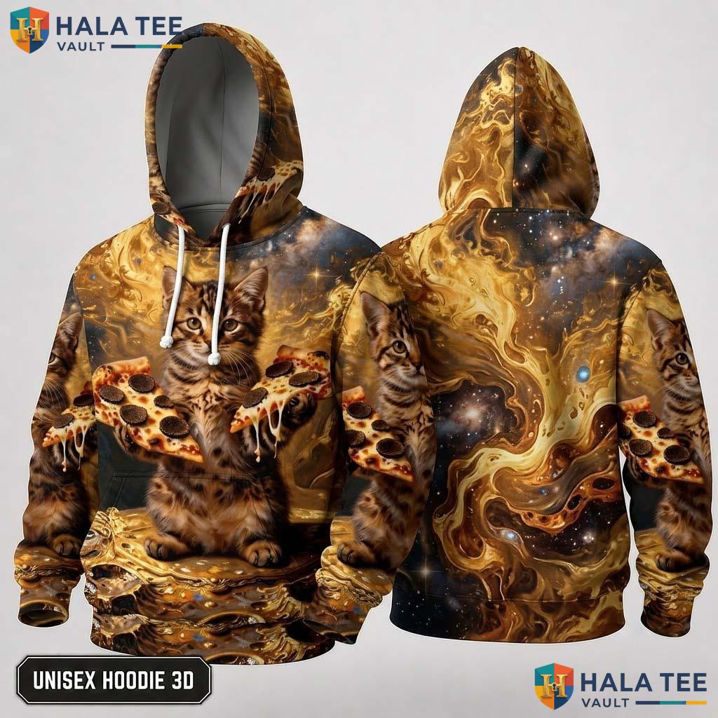 Cosmic Cat Pizza Thanksgiving 3D Hoodie Whimsical Tabby Lovers Top