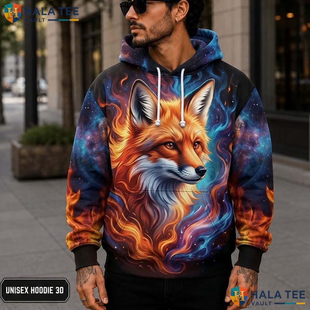 Cosmic Flame Face Fox 3D Printed Hoodie Retro Vibrant Graphic Casual Apparel