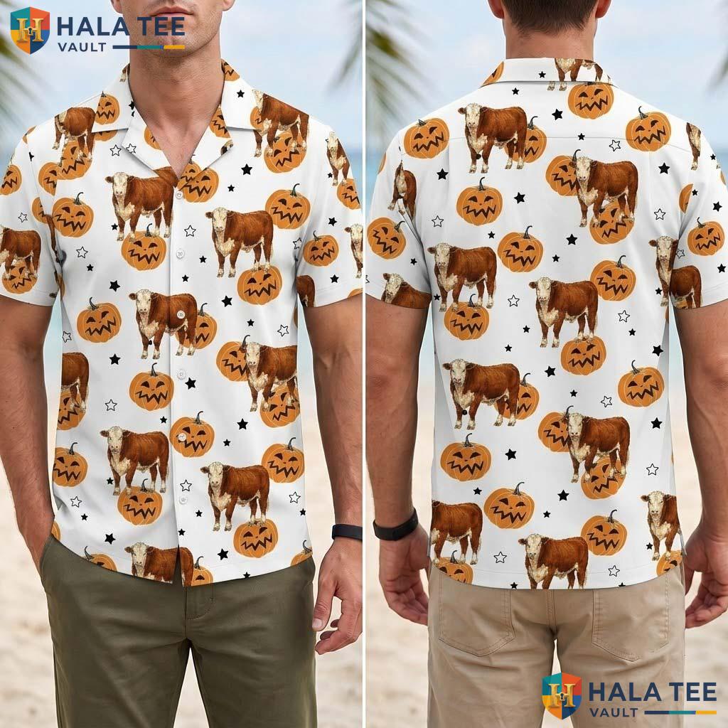 Country Farmhouse Halloween Hawaiian Shirt Spooky Cow Pumpkin Aloha Adult