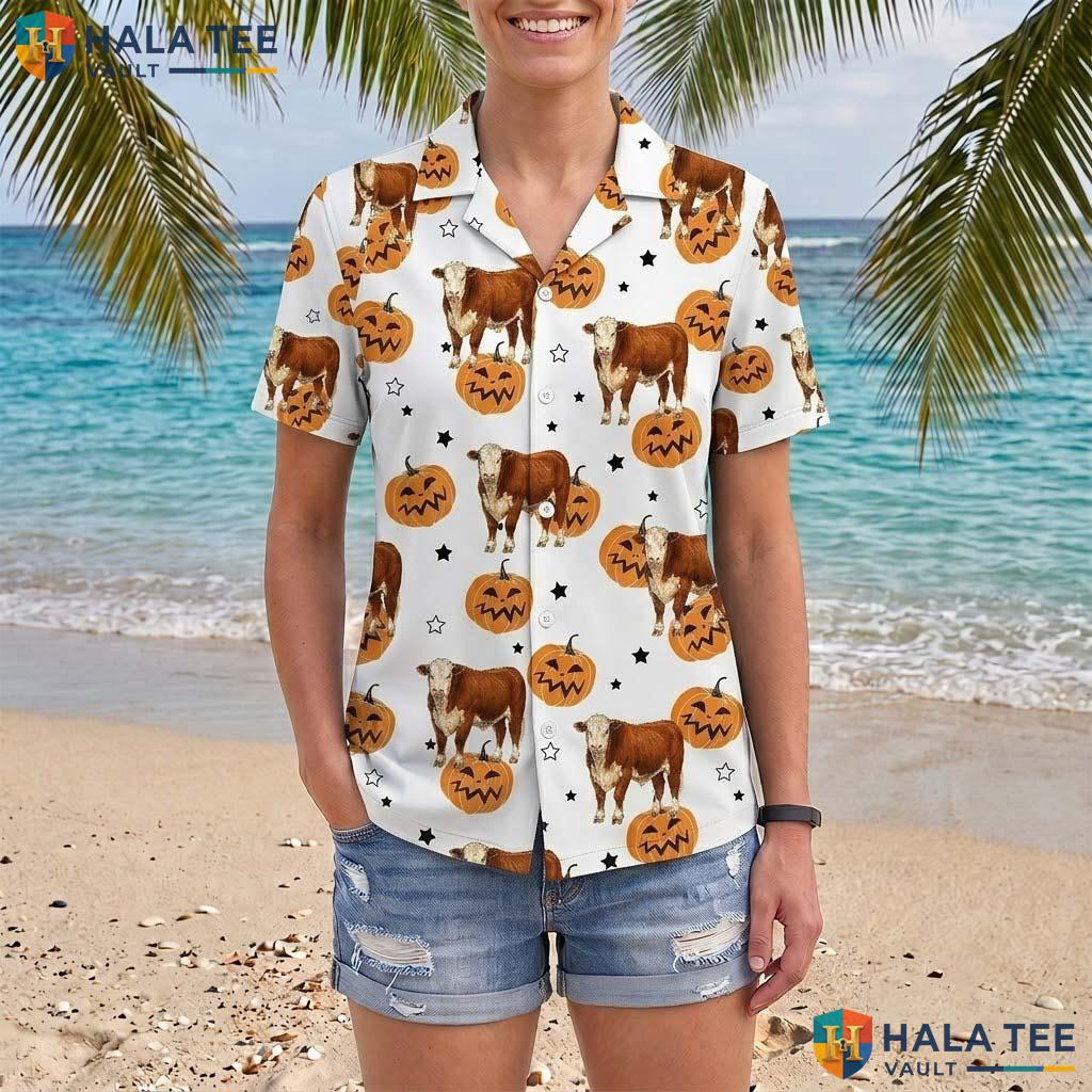Country Farmhouse Halloween Hawaiian Shirt Spooky Cow Pumpkin Aloha Adult