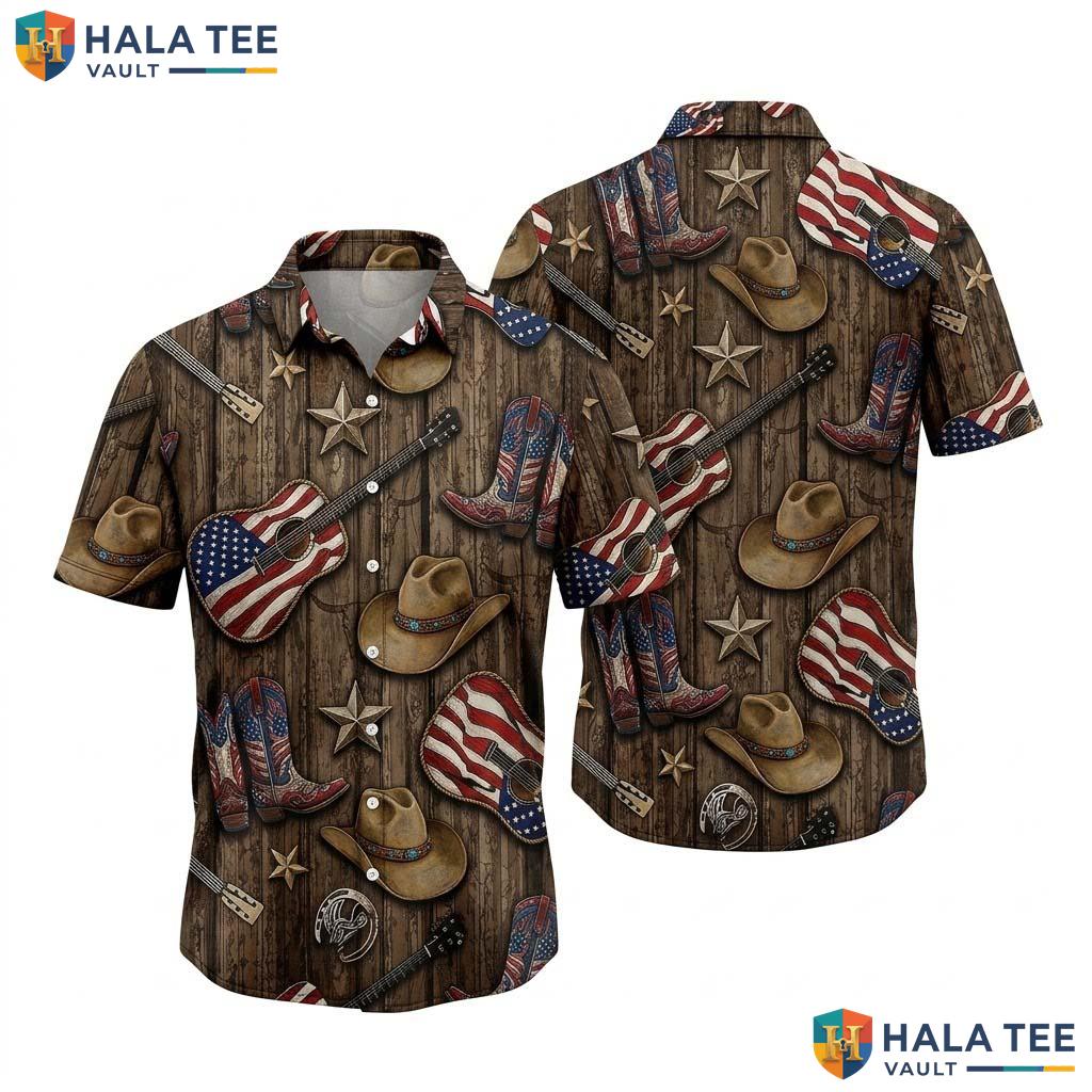 Country Music Fan Hawaiian Shirt Acoustic Guitar Cowboy Hat Fun Design Top