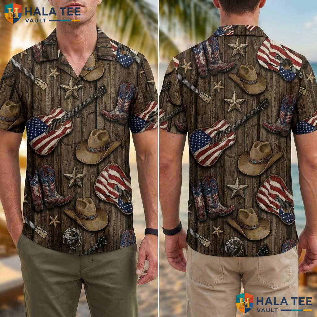 Country Music Fan Tropical Shirt Acoustic Guitar Cowboy Hat Fun Design Top