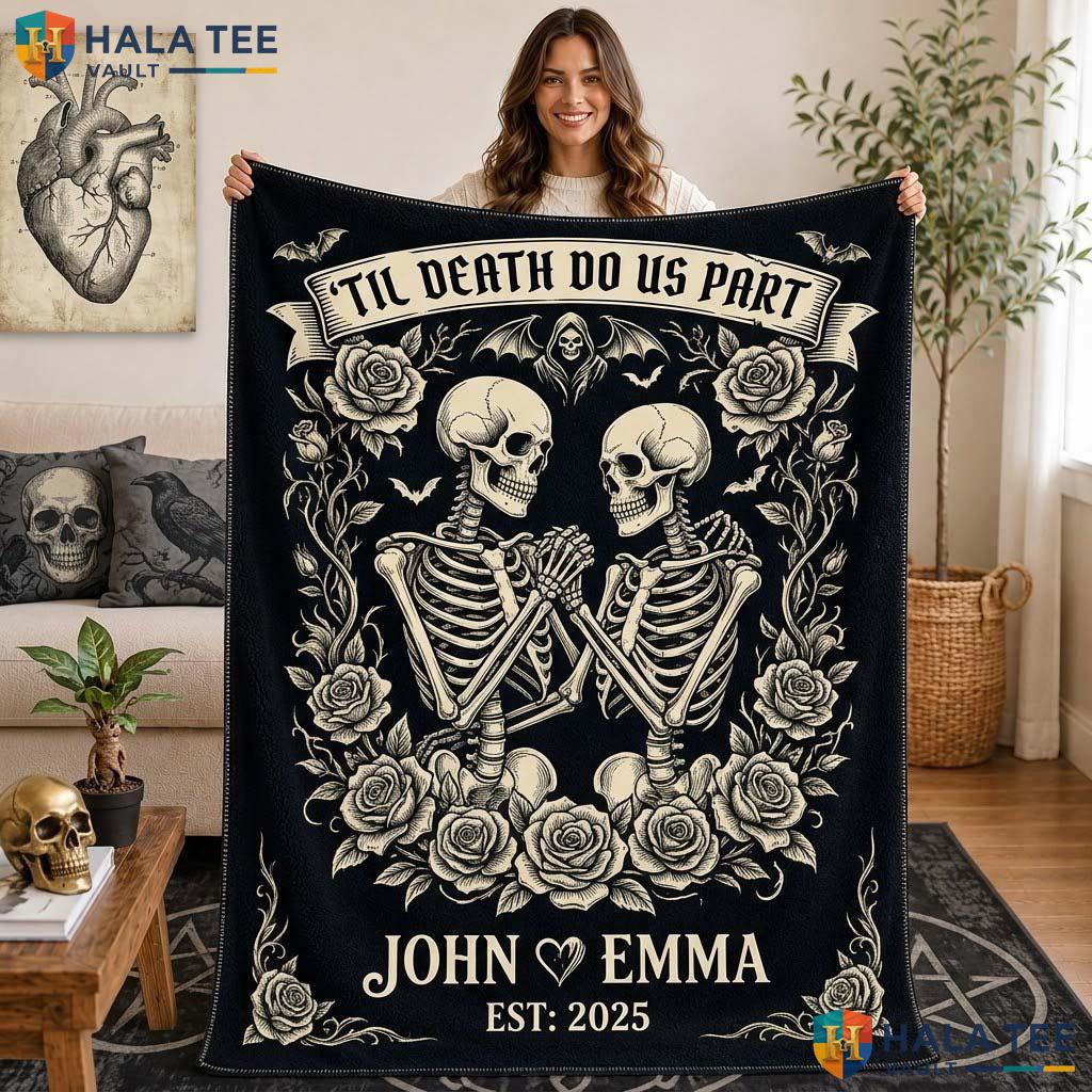 Couple Skeleton Halloween Blanket Gothic Custom Name Till Death Throw