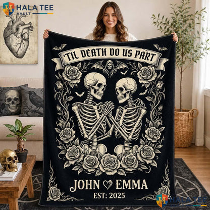 Couple Skeleton Halloween Blanket Gothic Custom Name Till Death Throw