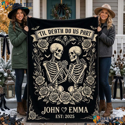 Couple Skeleton Halloween Blanket Gothic Custom Name Till Death Throw